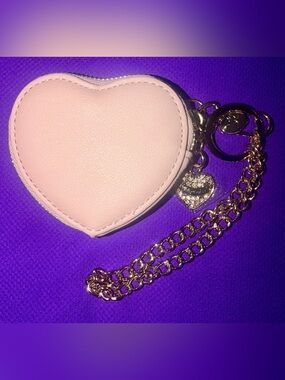 Juicy Couture Mini Pink Heart Coin Purse Keychain with Gold Chain and Charm